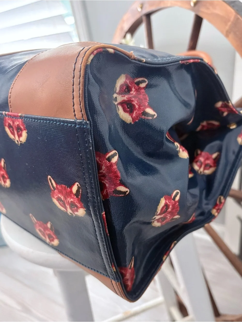TORY BURCH “Retired” Vintage Navy Large Tote with Brown Trim and Fox Motif Print